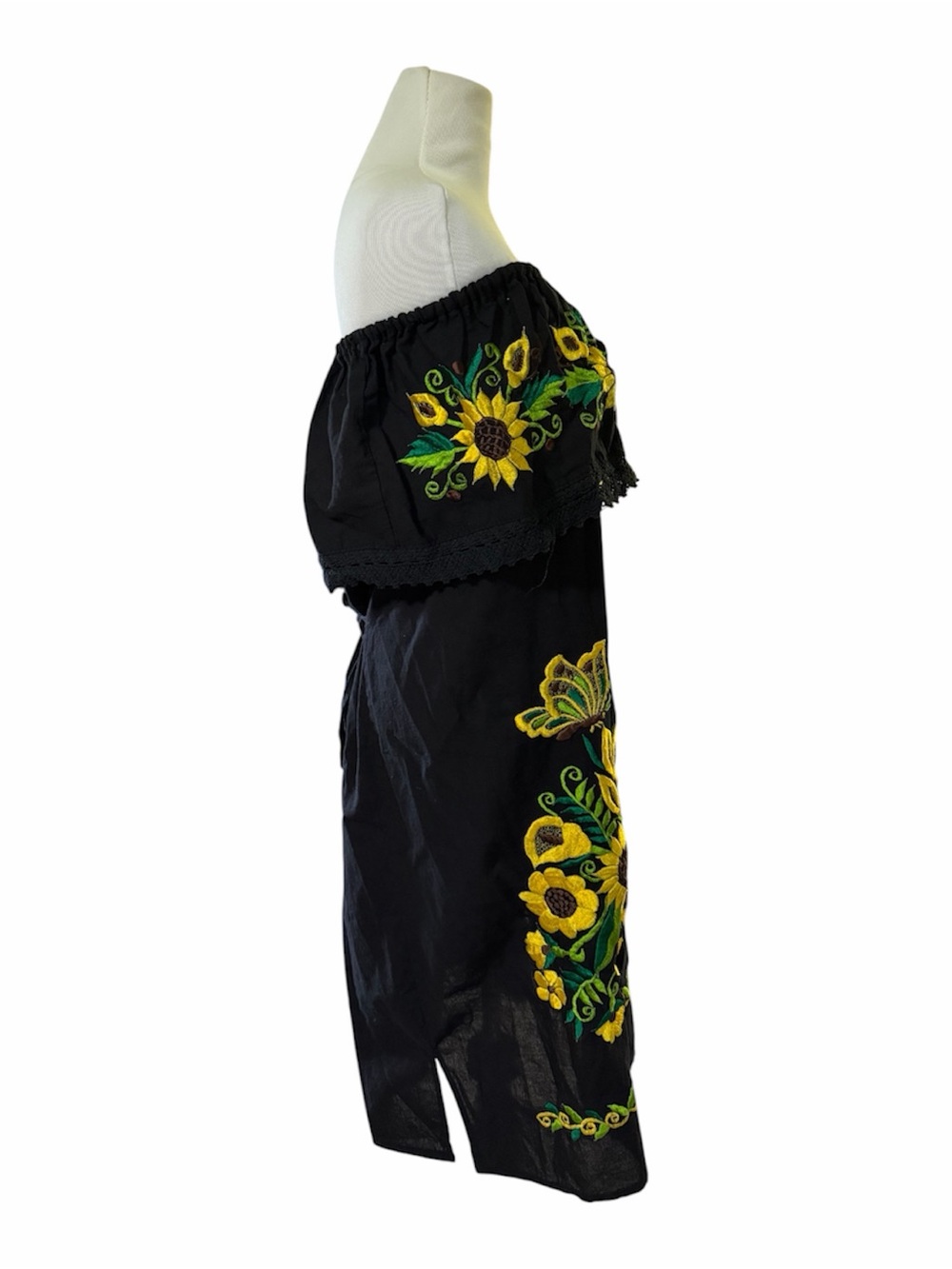 Sunflower Embroidered Mexican Dress chrochet Lace Trim Off-Shoulder knee length - Picture 2 of 7